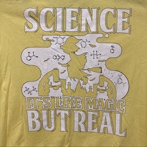 Science Is Like Magic But Real T-Shirt Mens L Yellow Graphic Tee Lab Witch